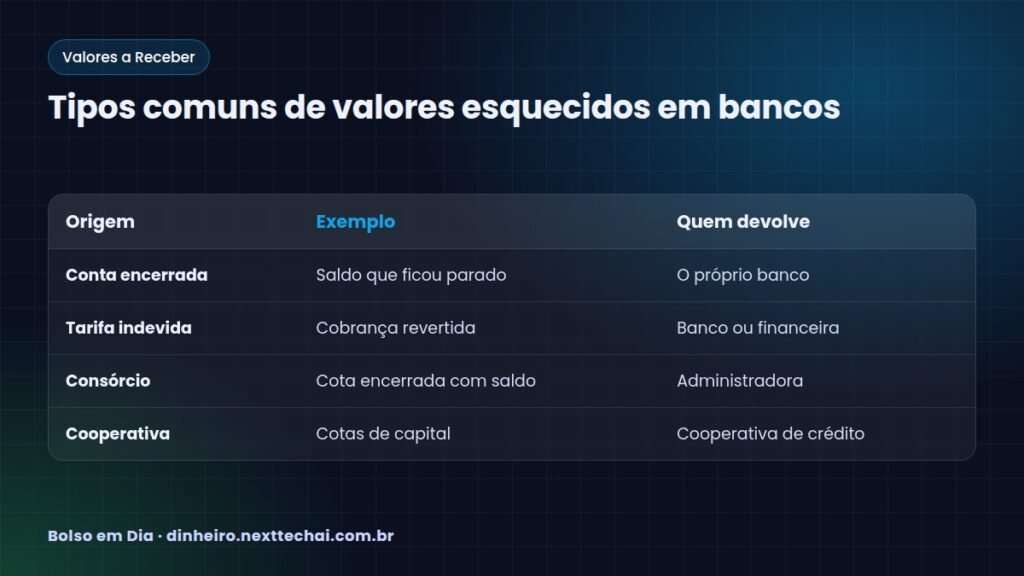 Tipos comuns de valores esquecidos em bancos